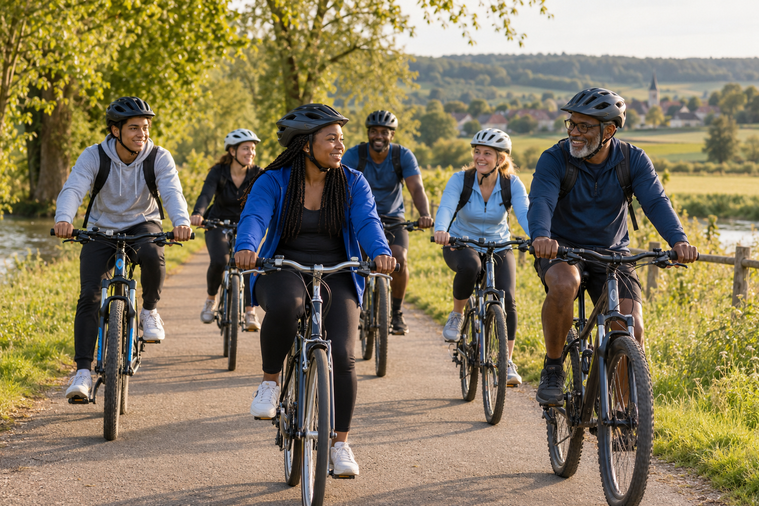 Illustration : un groupe de cyclistes de plusieurs générations partage une balade dans la campagne.