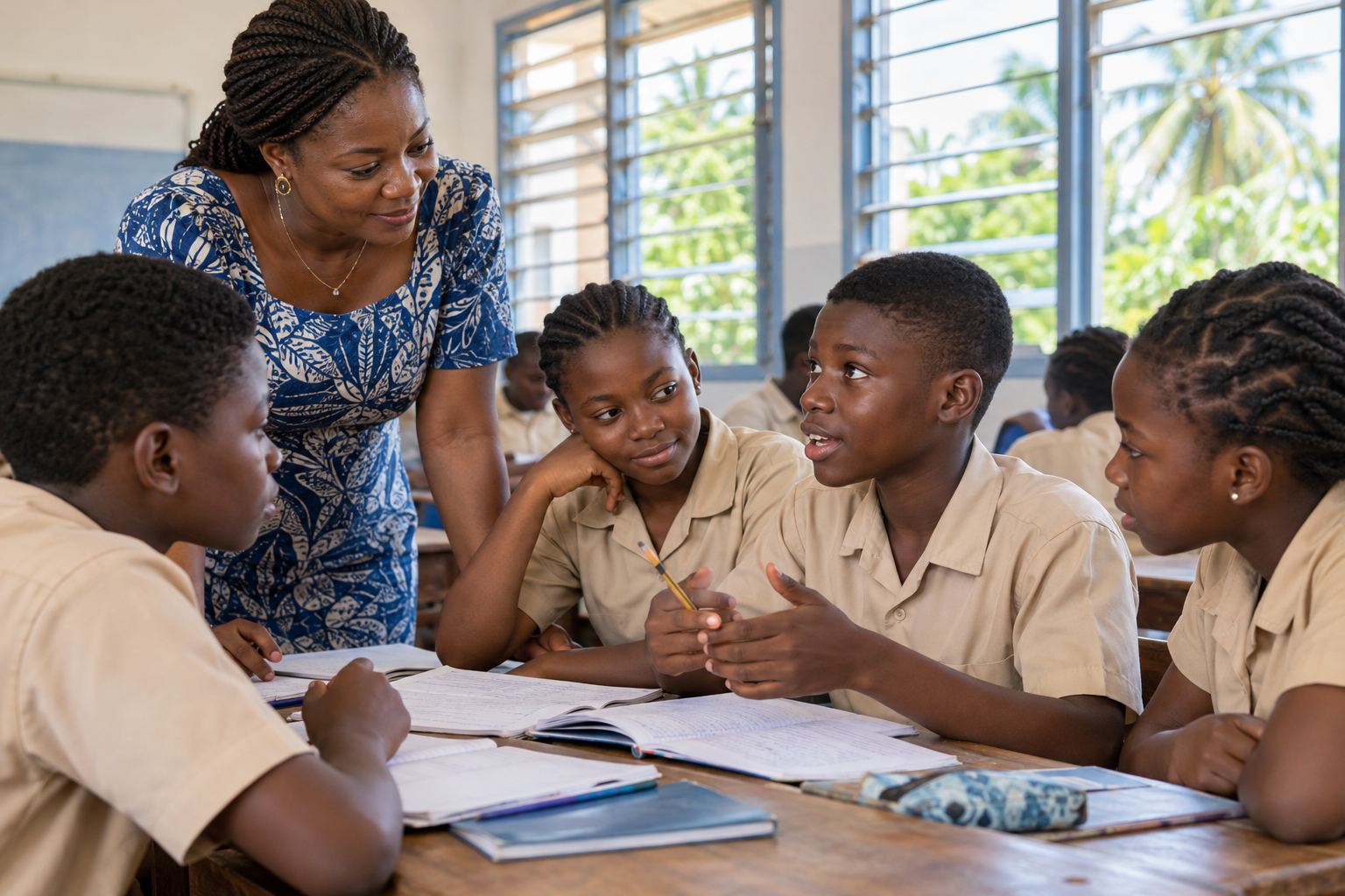 Illustration : une enseignante accompagne un groupe d’élèves dans une classe au Togo.